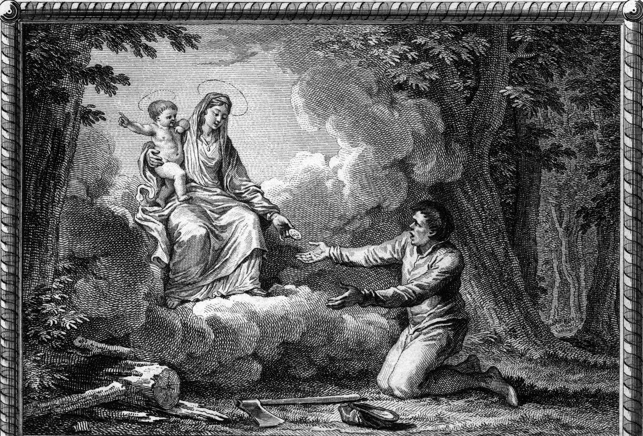 Treve of the Lord تحت قيادة هنري الأول عام 1004: ظهرت العذراء في Timberman ، بالقرب من Puy-en-Velay (Puy en Velay ، Haute Loire) ، أعطتها ميدالية وأمرها بالعمل من أجل السلام: هذه هي نقطة البداية من Treve de Dieu الذي تم إنشاؤه عام 1044. النقش بواسطة جان ميشال الأصغر (بعد) مورو