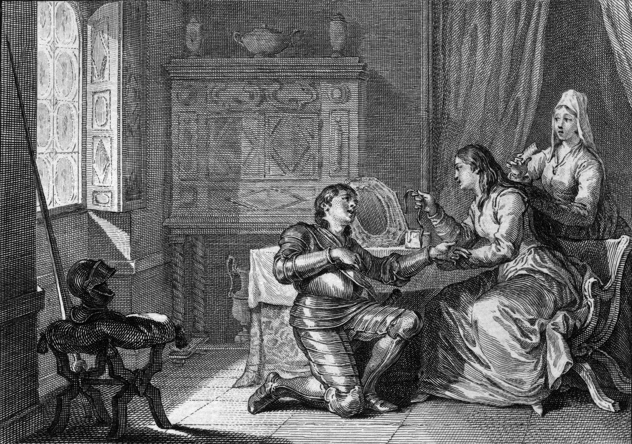 امرأة تقدم لفارس سوارًا من القماش كتعهد بالحب. من القرن العاشر إلى الحادي عشر. نقش جان ميشيل مورو ، ديت مورو لو جون (1741-1814) بواسطة جان ميشيل الأصغر مورو