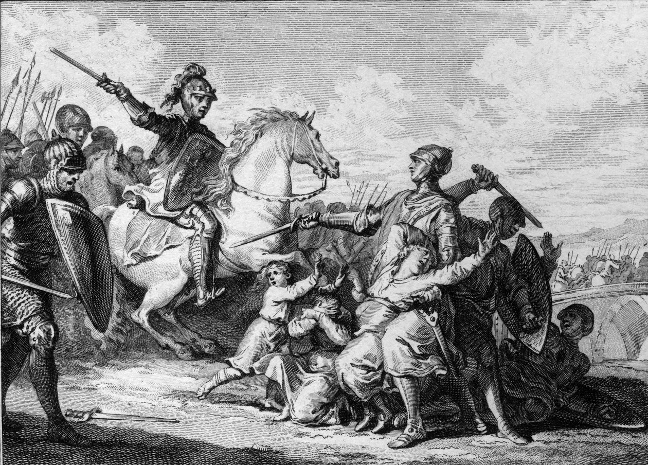 اغتيال أبناء تييري الثاني من بورغندي عام 613 بحضور كلوتير (كلوثير) الثاني (584-628) ملك نيوستريا. من بينهم ، سيجبرت الثاني (601-613). نقش جان ميشيل مورو ، ديت مورو لو جون (1741-1814) بواسطة جان ميشيل الأصغر مورو