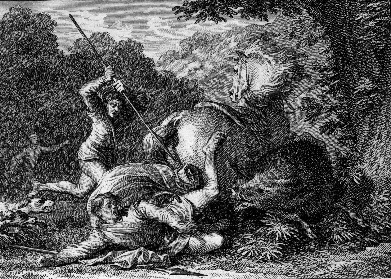 مات كارلومان الثاني (867-884) في لعبة صيد ، 884. أراد أن يساعد الملك في الهجوم بواسطة خنزير بري ، دفع خادم جاسوسه بطريق الخطأ في فخذه. نقش جان ميشيل مورو ، ديت مورو لو جون (1741-1814) بواسطة جان ميشيل الأصغر مورو
