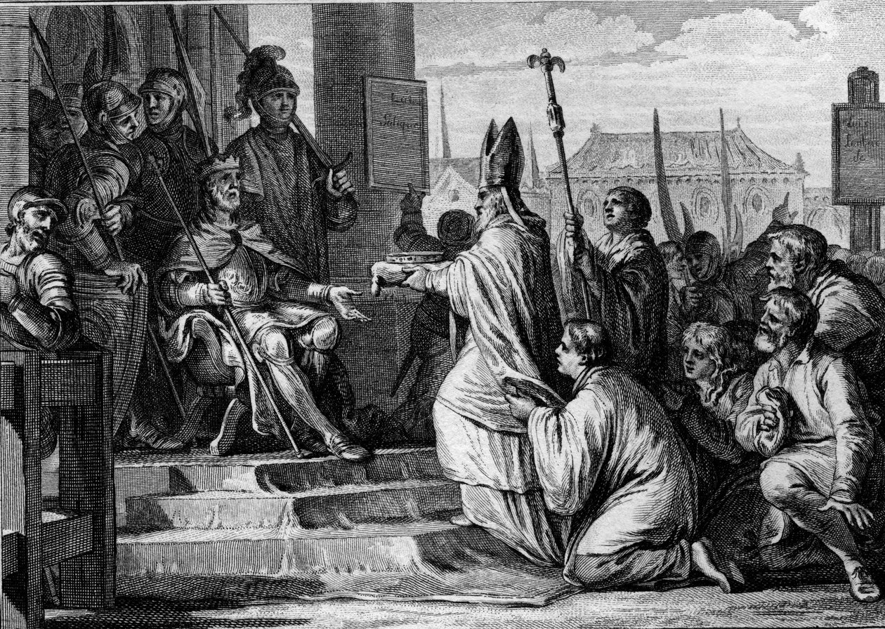 شارلمان (747-814) ، ملك الفرنجة ، يستلم تاج لومباردي الحديدي من يدي عشية ميلانو ، 774. نقش جان ميشيل مورو ، ديت مورو لو جون (1741 - 1814) بواسطة جان ميشيل الأصغر مورو