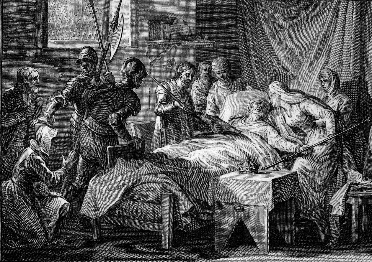 وفاة وخلافة تشارلز الثاني الأصلع (823-877) ، 877: سلم الملك للمضطر التاج الإمبراطوري ، صولجانه الذهبي ، سيف القديس بطرس ، وصية عين من خلالها ابنه لويس بيج للميراث . نقش بواسطة J بواسطة جان ميشيل الأصغر مورو