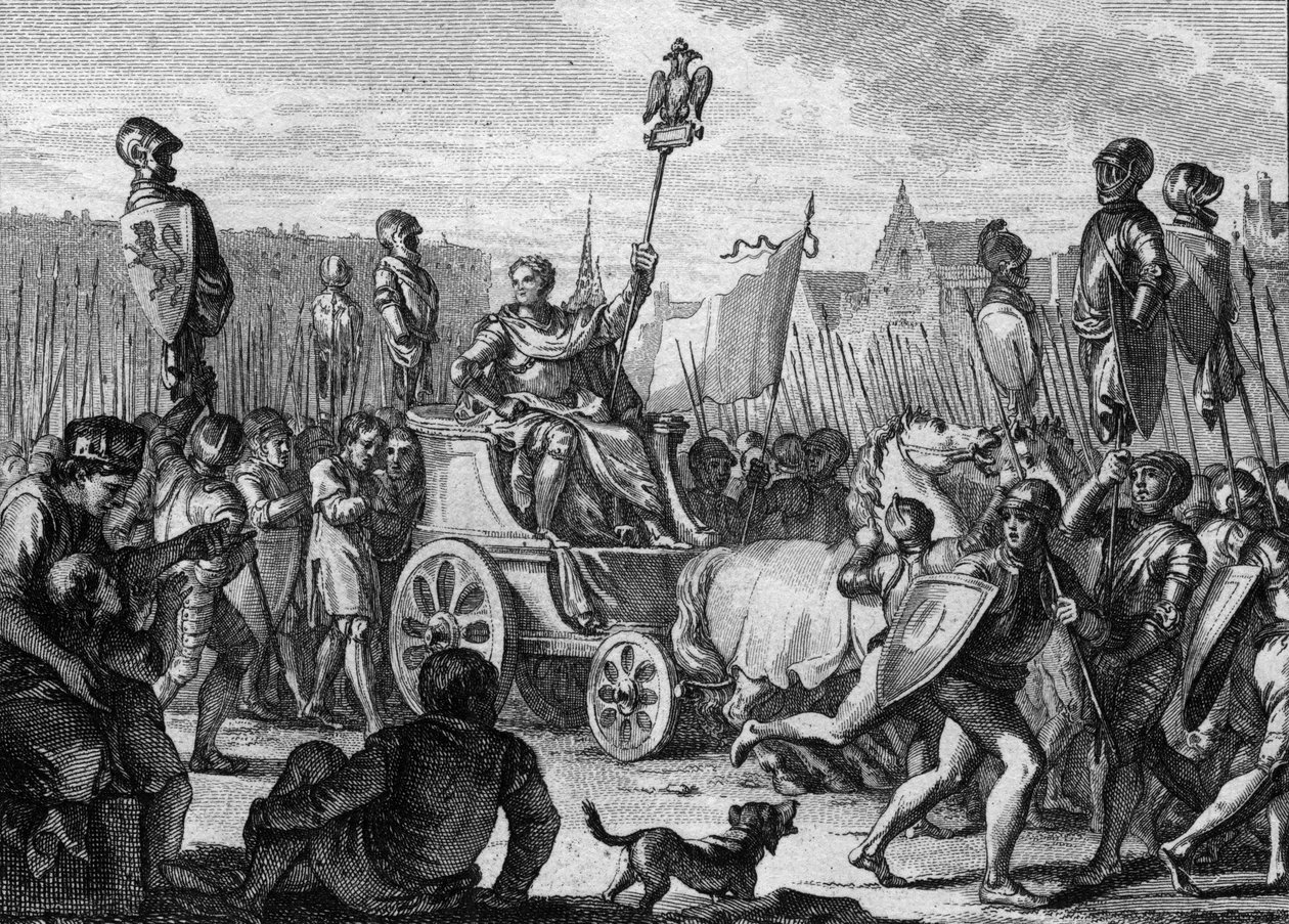 تنجس بواسطة فيليب الثاني أوغست (1165-1223) في شوارع باريس ، بعد انتصار الجيش الفرنسي على الفلمنكية وويلف أوثون الرابع في معركة بوفين. بواسطة جان ميشيل الأصغر مورو