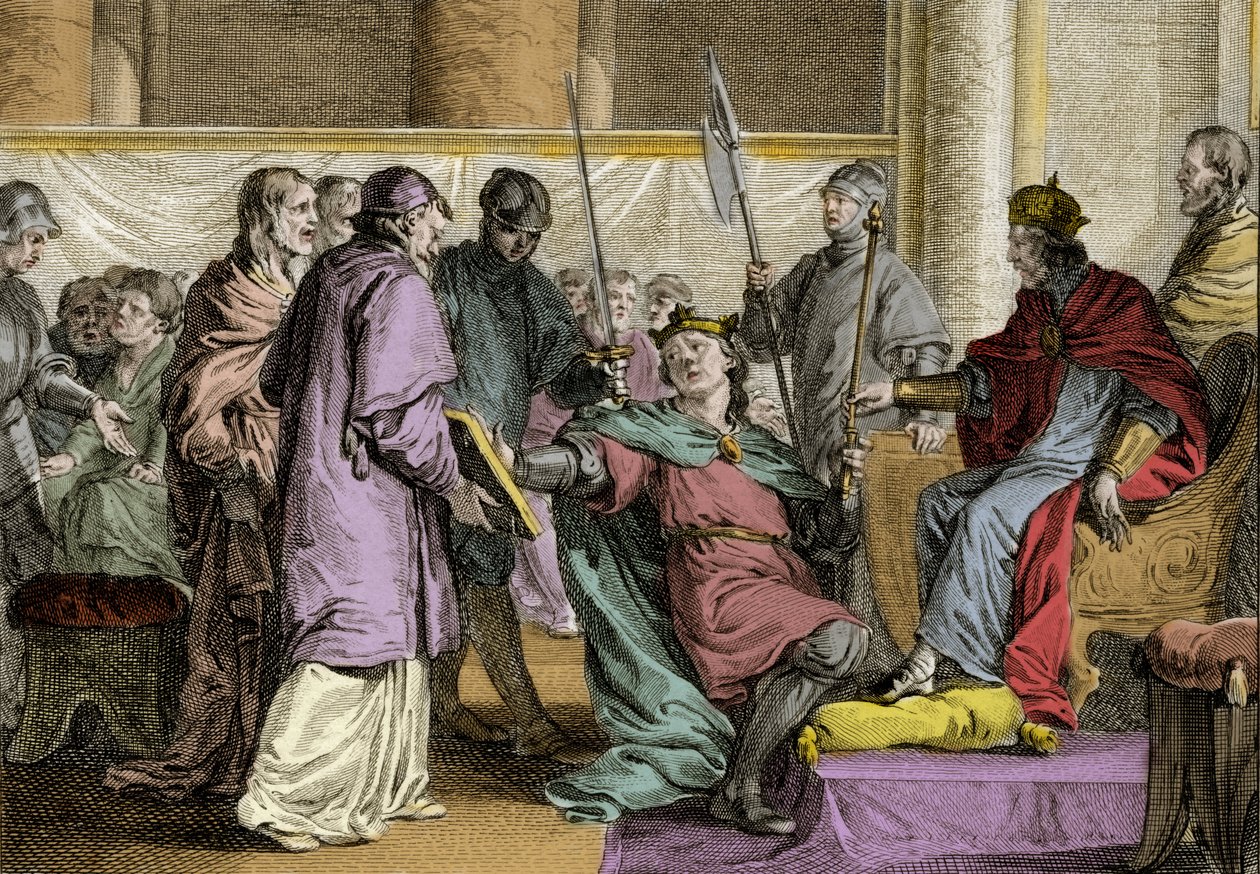Erispoe (توفي 857) ، ملك بريتاني (Herispogius - Hervspogius - Respogius) تلقى زخرفة المملكة من يد تشارلز الثاني الأصلع (823-877) ، 851. نقش جان ميشيل مورو ، ديت مورو لو جون (1741) - 1814) بواسطة جان ميشيل الأصغر مورو