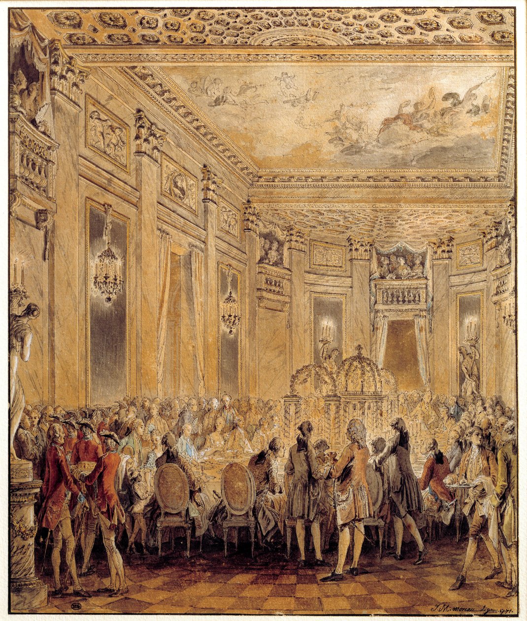العيد الذي أقامته جان بيكو ، كونتيسة (أو مدام) باري (1743-1793) ، عشيقة لويس الخامس عشر ، في قلعة لوفيسيان في 2/09/1771 لوحة مائية لجين ميشيل مورو لو جون (1741-1814). الشمس 0.31x0.26 م باريس ، متحف اللوفر بواسطة جان ميشيل الأصغر مورو