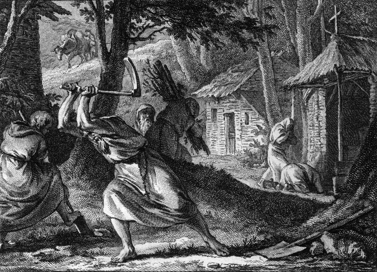 Hermites الذين يعيشون في مجتمع في غابة فرنسية ، أواخر القرن الحادي عشر - بداية القرن الثاني عشر. نقش جان ميشيل مورو ، ديت مورو لو جون (1741-1814) بواسطة جان ميشيل الأصغر مورو