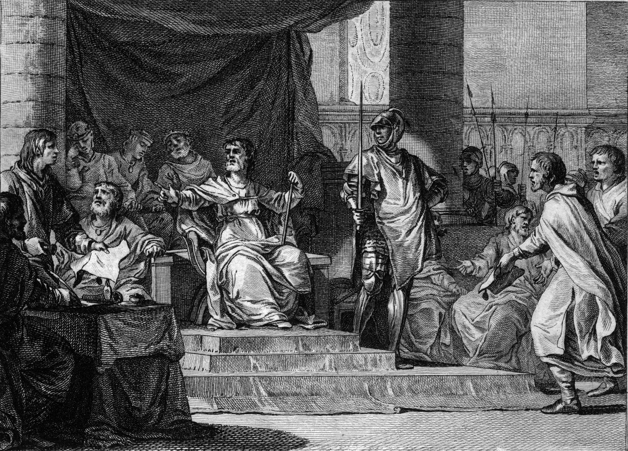 تمثيل خيالي لحكم Merovingian "الملوك الكسالى": Clovis III (682-695) ، Childebert III (683-711) و Dagobert III (حوالي 697-715) نائمون ويجلسون خلف رئيس بلدية Pepin le Jeune أو قصر Herstal (حوالي 653-714). نقش جي بواسطة جان ميشيل الأصغر مورو