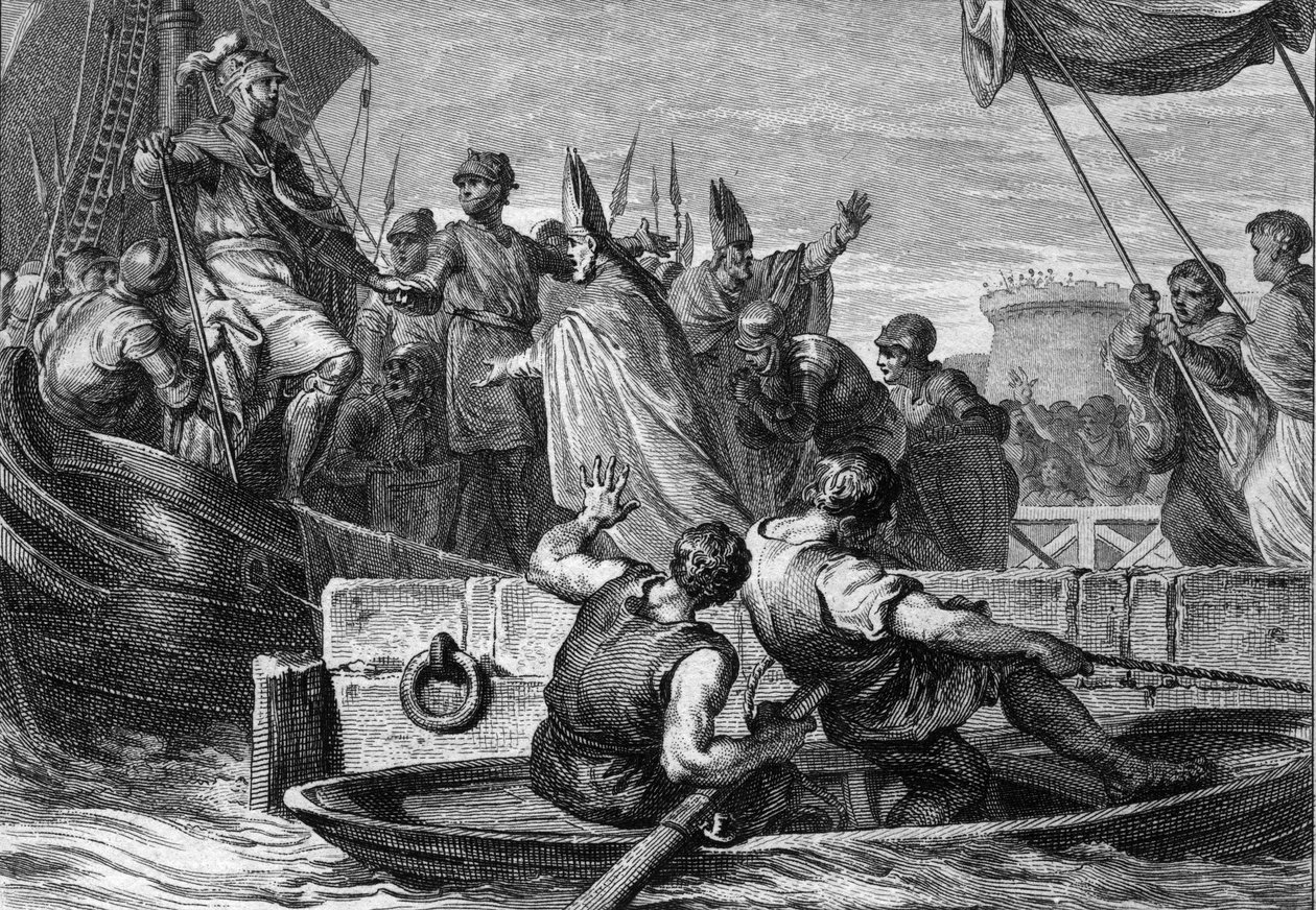 عاد Louis IV d'Outremer (d'Outre Mer، d'Outre-Mer) (921-954) إلى فرنسا ، 936: منفاه في إنجلترا ، أبحر في ميناء بولوني حيث استقبله أرثوود رئيس ريمس. نقش جان ميشيل مورو ، ديت مورو لو جون (1741-1814) بواسطة جان ميشيل الأصغر مورو