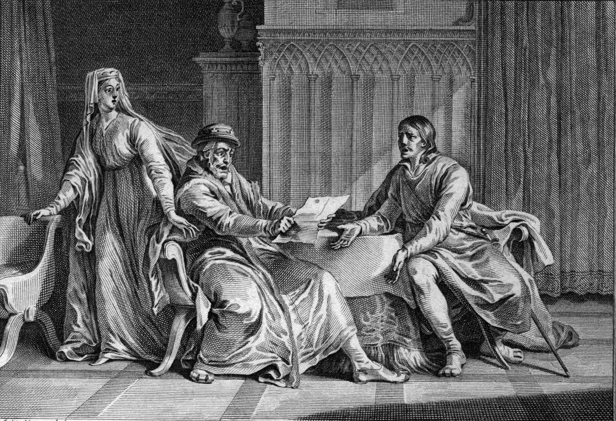 لويس ذا جروس (1081-1137) يظهر والده فيليب الأول (1052-1108) ، الرسالة التي طلب فيها من ملك إنجلترا اغتيال لويس. حاضرة أيضًا بيرتريد دي مونتفورت (حوالي 1070-1118) ، زوجة فيليب والمؤلف المفترض للرسالة. 1 بواسطة جان ميشيل الأصغر مورو