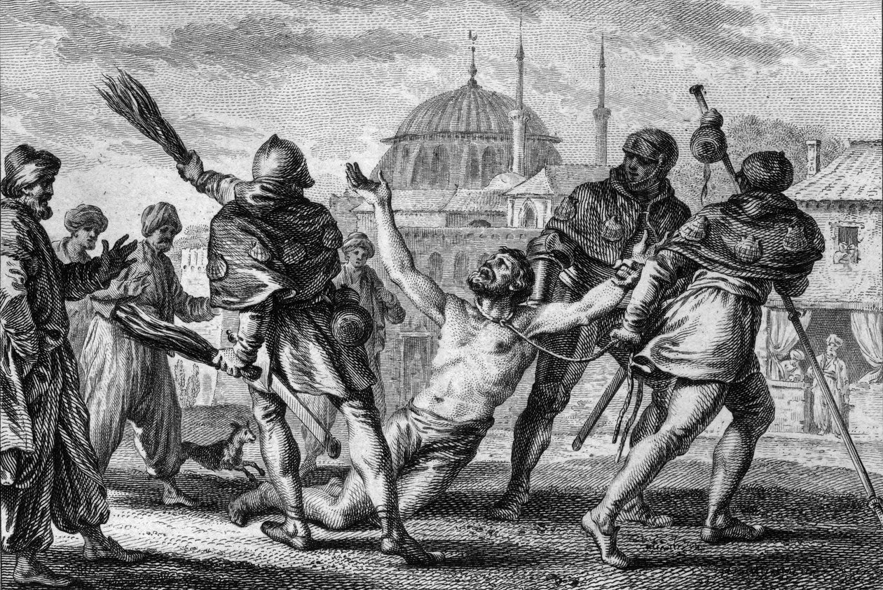 نيرا كوتس (972 / 987-1040) ، كونت أنجو ، الحج في القدس. يُجر عارياً ، في شوارع المدينة بحبل مربوط بحبل ، بينما يجلده أحد زملائه بالأفنية ويطلب نعمة من الله. القرن ال 11. نقش جان ميتش بواسطة جان ميشيل الأصغر مورو