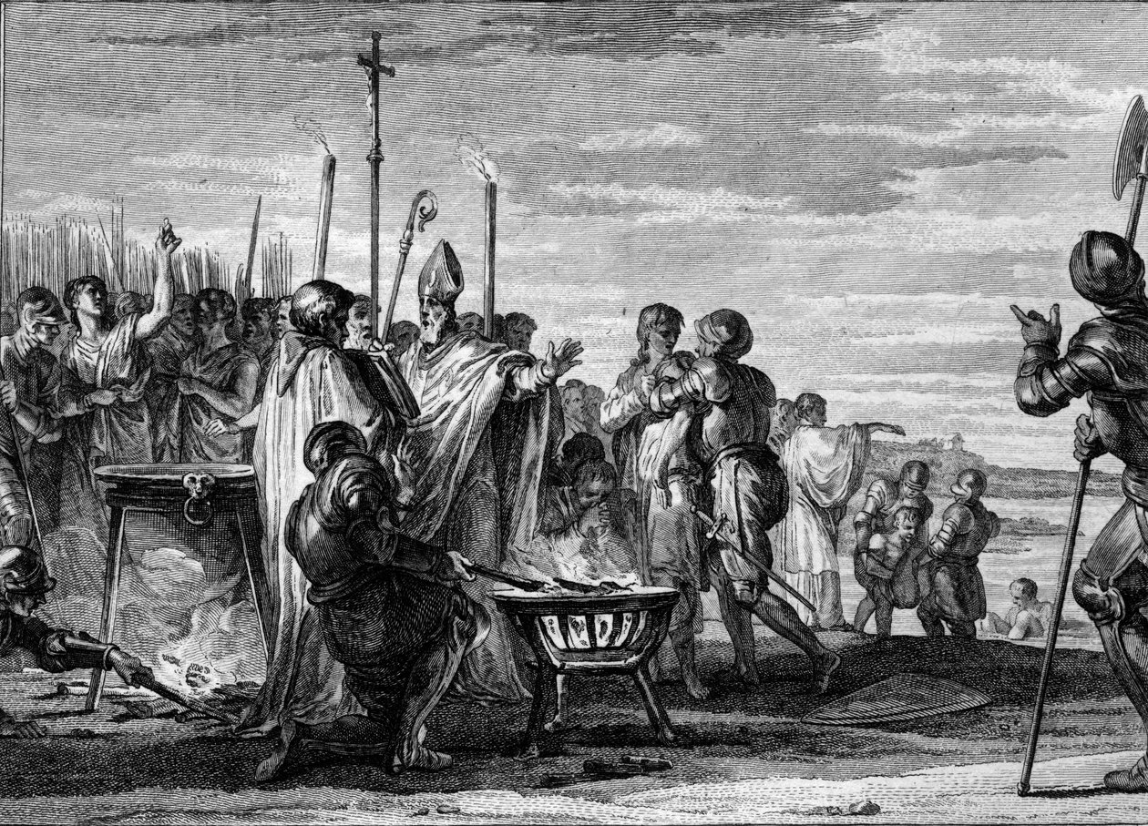 Ordalies أو "أحكام الله" ، 877: وافق ممثلو Louis of Germania ، الذين جاءوا لمطالبة لويس الثاني النصف الأصلع من مملكة لورين ، على الخضوع لاختبارات الحديد الساخن والماء المغلي والماء البارد. نقش جان ميشيل مور بواسطة جان ميشيل الأصغر مورو