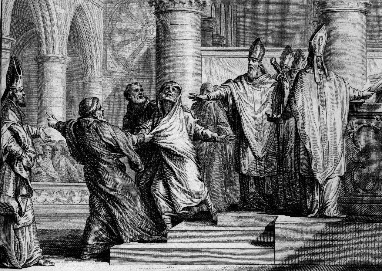 ندم وترسيب لويس الأول الورع أو ديبونير (778-840) ، 833: بعد الاعتراف ، جرد الملك من الحلي الإمبراطورية من قبل Archeveque of Reims ، ثم غُطي بكيس من التائبين. نقش جان ميشيل مورو ، في Moreau le Jeu بواسطة جان ميشيل الأصغر مورو