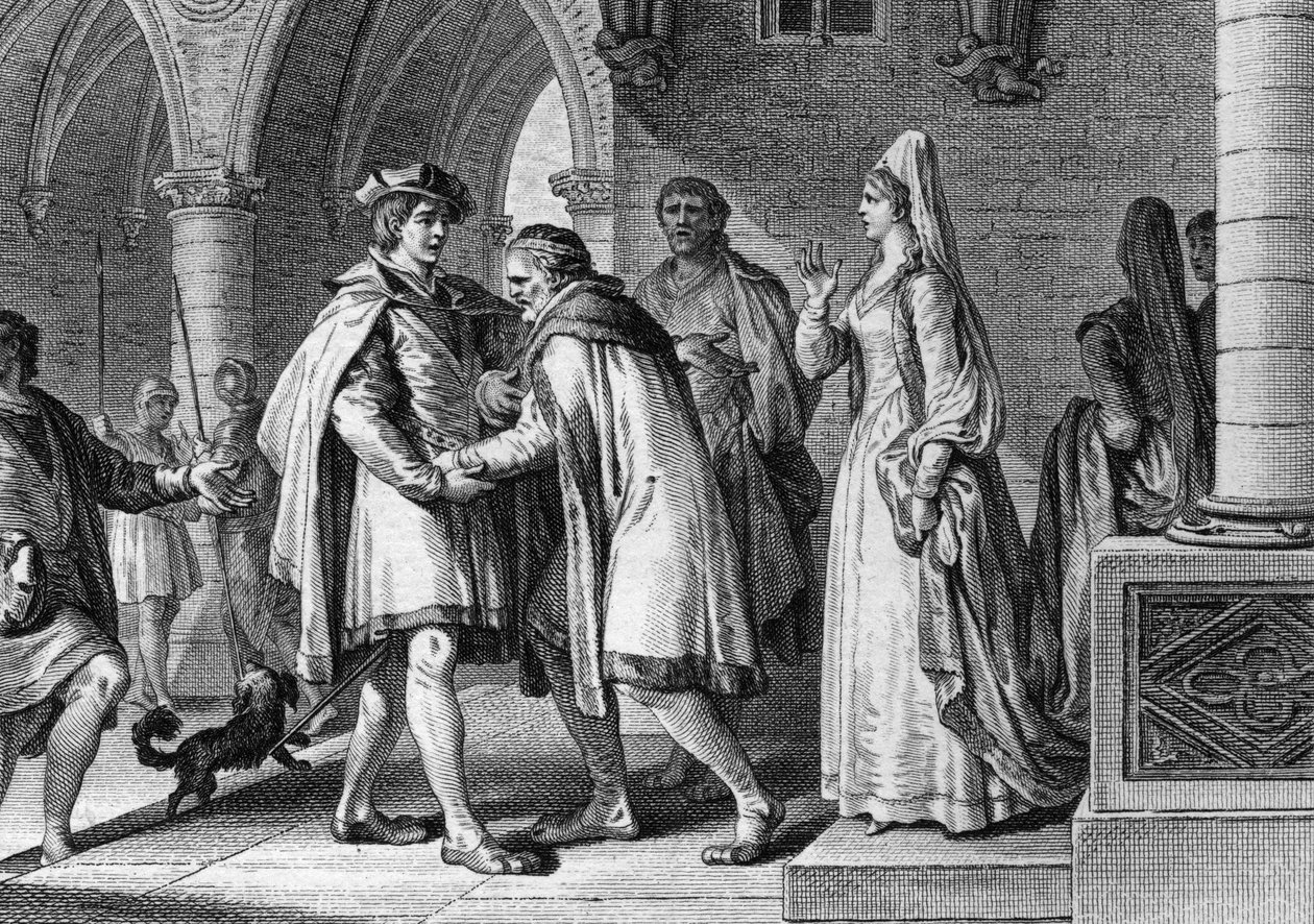 فيليب الأول (1052-1108) ، ملك الفرنجة ، يزور محكمة كونت أنجو ، فولك لو ريشين (1042-1109). هذه الرحلة هي ذريعة لترتيب زواجه من بيرتريد دي مونتفورت (حوالي 1070-1118) ، زوجة الكونت. 1095 نقش جان ميتش بواسطة جان ميشيل الأصغر مورو