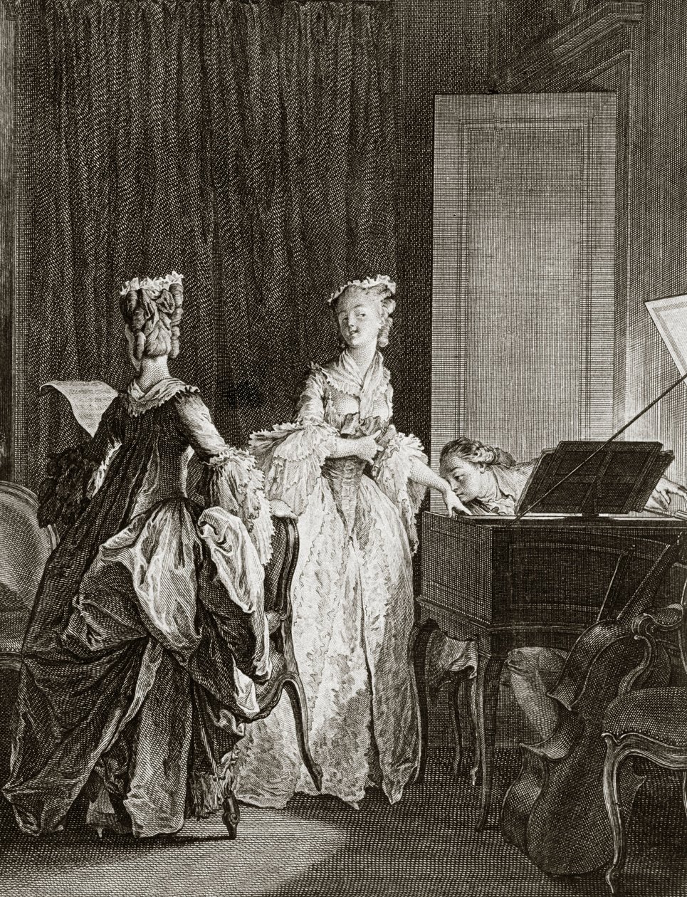 سانت بريوكس وكلير على هاربسيكورد في "" Julie ou la nouvelle Heloise "للفيلسوف السويسري جان جاك (جان جاك) روسو (1712-1778) - نقش بواسطة Moreau le jeune ، جان ميشيل (1741-1814) (القديس -Preux ، يستقر في harpsichord ، kisse بواسطة جان ميشيل الأصغر مورو