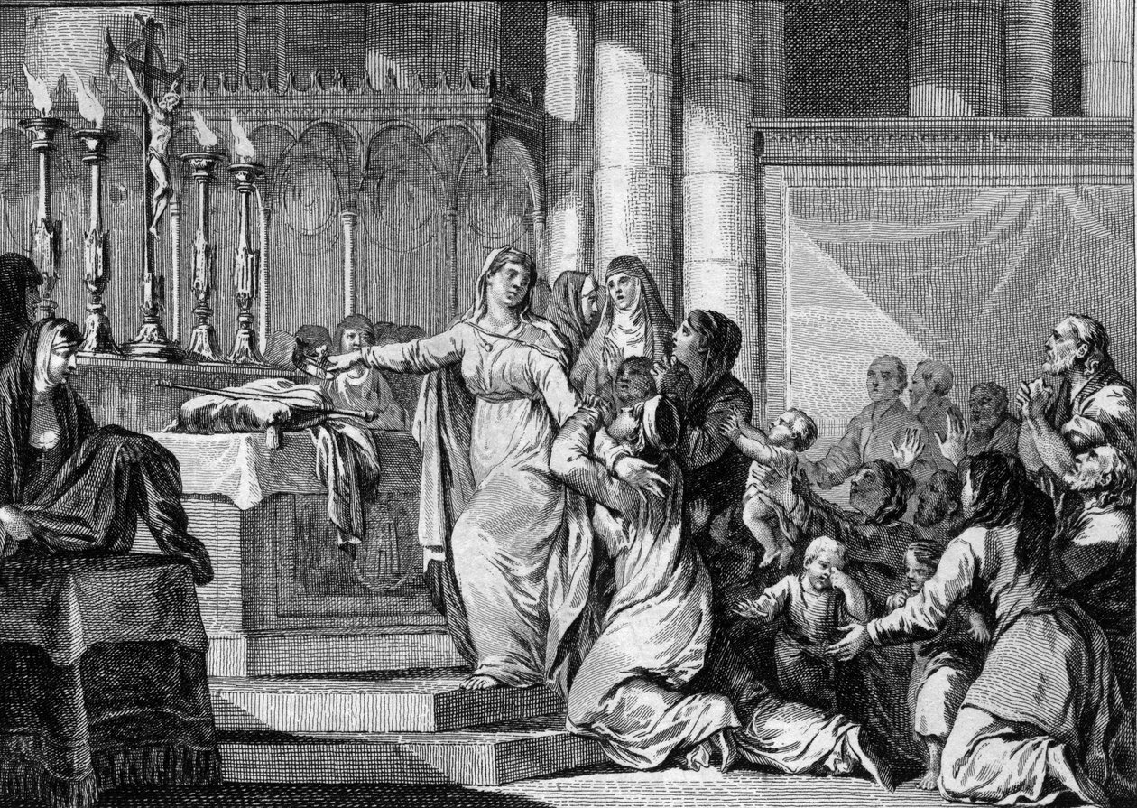 قررت Sainte Bathilde (أو Batilde ، Bathylle ، Beaudour) (626-680) ، ملكة الفرنجة وأرملة Clovis II ، أخذ الحجاب في دير Chelles في عام 665. حاول رعاياه منعه. نقش جان ميشيل مورو ، ديت مورو لو جون (1741-1 بواسطة جان ميشيل الأصغر مورو