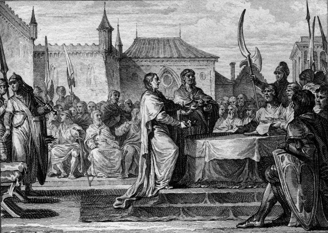 خلافة بيبين الموجز ، 768: قرر المجلس تقسيم المملكة بين ولديه ، شارلمان (747-814) وكارلومان (751-771) ، وبالتالي كسر الترتيبات التي قام بها بيبين الموجز. نقش جان ميشيل مورو ، ديت مورو ل بواسطة جان ميشيل الأصغر مورو