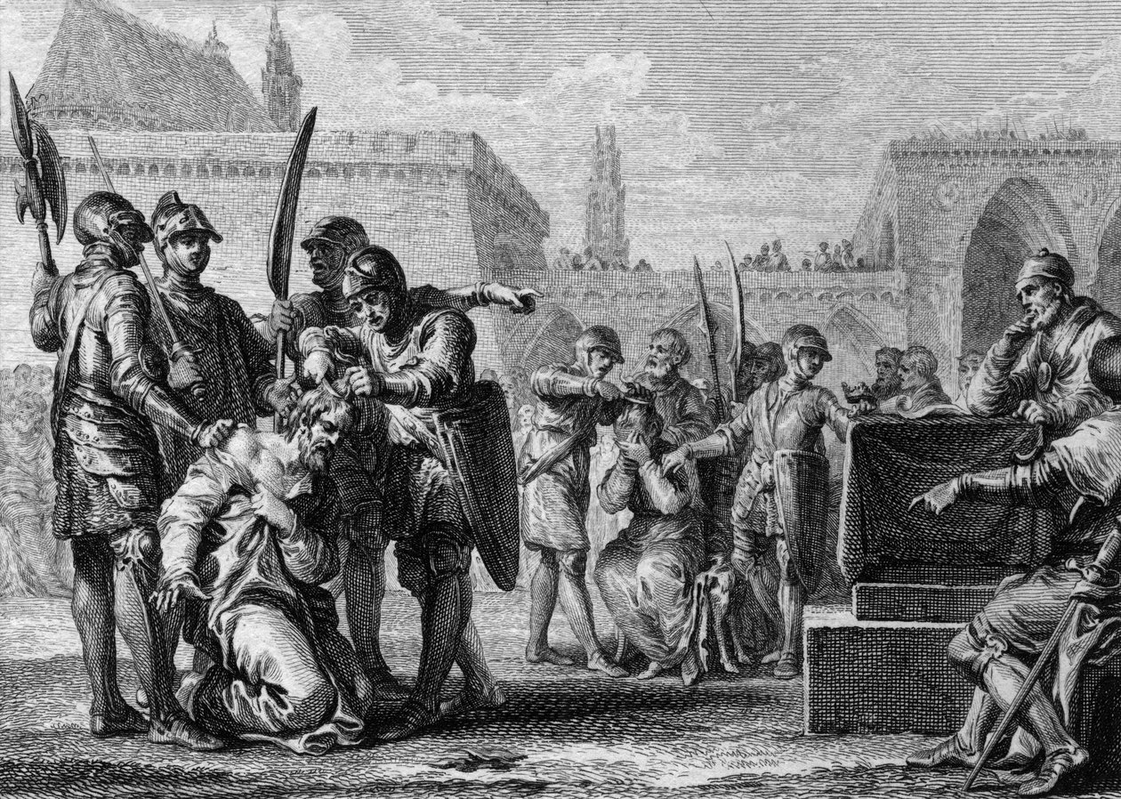 تيري الثالث (651-691) ، ملك الفرنجة ، وإبروين (توفي عام 681) ، عمدة قصر نيوستريا ، تم جزهم من قبل السكان ، معادون للرجلين. 669. نقش جان ميشيل مورو ، ديت مورو لو جون (1741-1814) بواسطة جان ميشيل الأصغر مورو