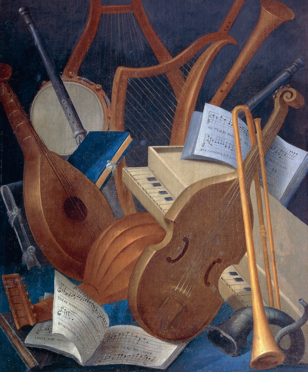 آلات موسيقية ، تفاصيل من Allegory of Music ، لوحة رسم لجان موسنييه (1600-1656). قلعة Beauregard ، Loir-et-Cher ، فرنسا. بواسطة جان منير أو موسنييه