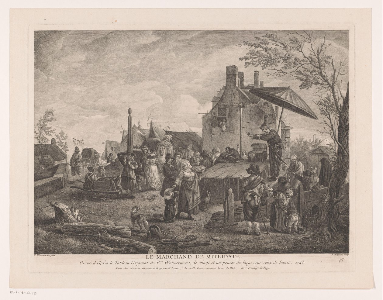 مسرح القرية Le Marchand de Mitridate (العنوان على الكائن) يطبع بعد اللوحات بواسطة Philips Wouwerman (عنوان السلسلة) أعمال Ph.pe Wouwermans Hollandois (عنوان السلسلة) بواسطة جان مويرو