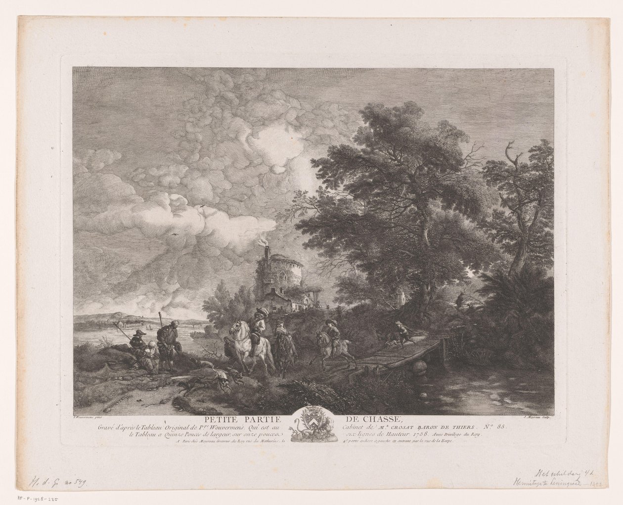 شركة صيد في منظر طبيعي به جسر Petite Partie de Chasse (العنوان على الكائن) يطبع بعد اللوحات بواسطة Philips Wouwerman (عنوان السلسلة) أعمال Ph.pe Wouwermans Hollandois (عنوان السلسلة) بواسطة جان مويرو