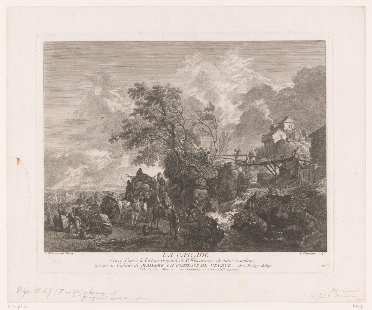 منظر طبيعي مع مسافرين عند شلال لا تتالي (العنوان على الكائن) يطبع بعد اللوحات بواسطة Philips Wouwerman (عنوان السلسلة) أعمال Ph.pe Wouwermans Hollandois (عنوان السلسلة) بواسطة جان مويرو