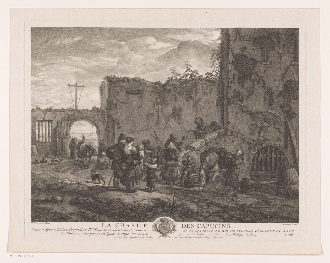 الرهبان يوزعون الطعام على الحجاج في باحة La Charité des Capucins (العنوان على الكائن) يطبع بعد اللوحات بواسطة Philips Wouwerman (عنوان السلسلة) أعمال Ph.pe Wouwermans Hollandois (عنوان السلسلة) بواسطة جان مويرو