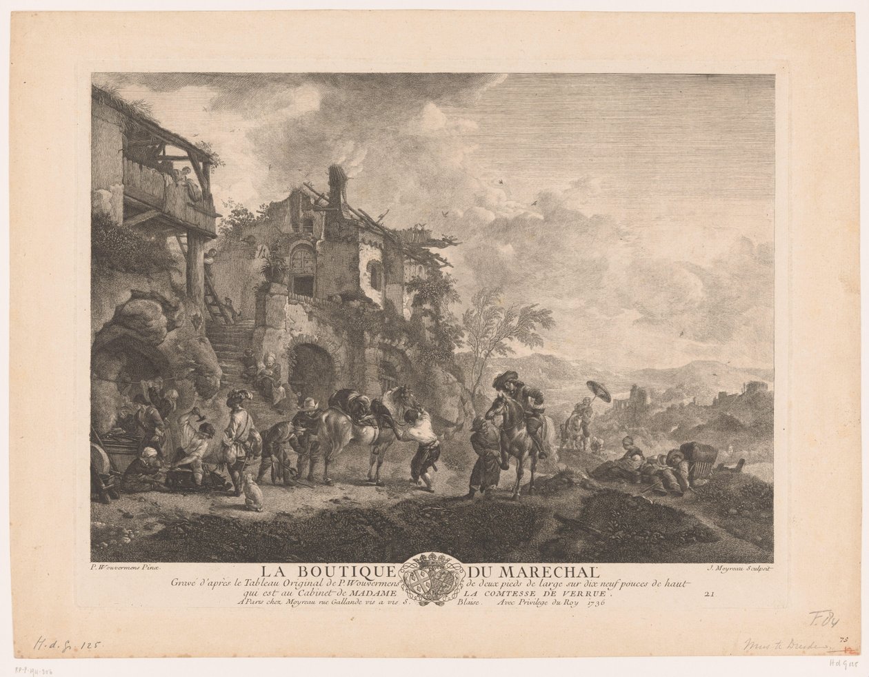 مسافرون عند حداد لا بوتيك دو ماريشال (العنوان على الكائن) يطبع بعد اللوحات بواسطة Philips Wouwerman (عنوان السلسلة) أعمال Ph.pe Wouwermans Hollandois (عنوان السلسلة) بواسطة جان مويرو