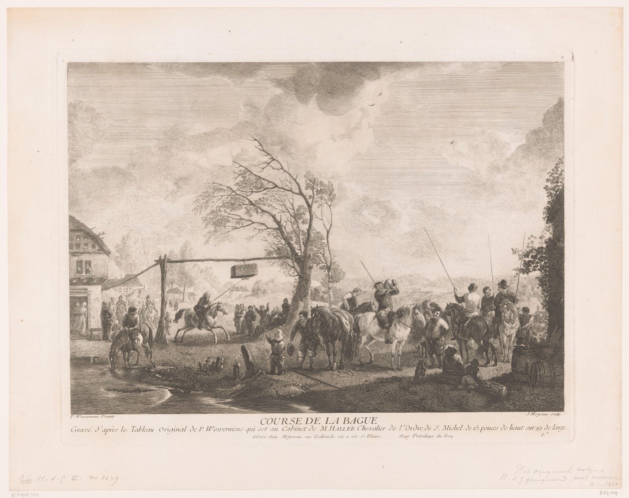 علامة الحلقة في نزل في القرية Cours de la bague (العنوان على الكائن) يطبع بعد اللوحات التي رسمها Philips Wouwerman (عنوان السلسلة) Oeuvres de Ph.pe Wouwermans Hollandois (عنوان السلسلة) بواسطة جان مويرو
