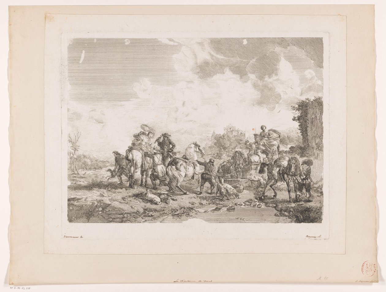 يستريح الصيد في النافورة ينبوع فينوس يطبع بعد اللوحات بواسطة Philips Wouwerman (عنوان السلسلة) أعمال Ph.pe Wouwermans Hollandois (عنوان السلسلة) بواسطة جان مويرو