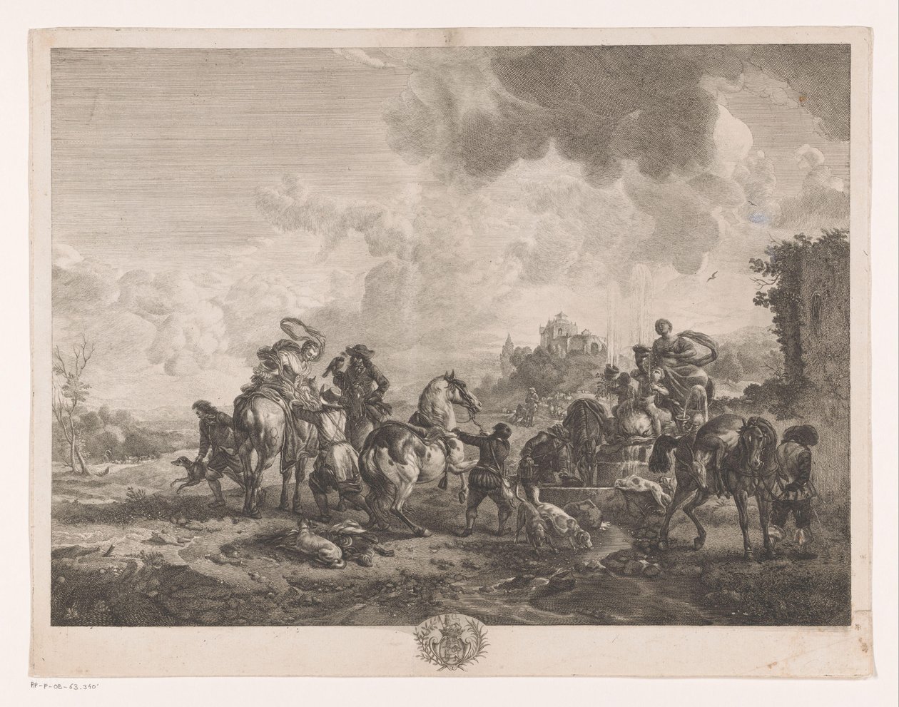 يستريح الصيد في النافورة ينبوع فينوس يطبع بعد اللوحات بواسطة Philips Wouwerman (عنوان السلسلة) أعمال Ph.pe Wouwermans Hollandois (عنوان السلسلة) بواسطة جان مويرو