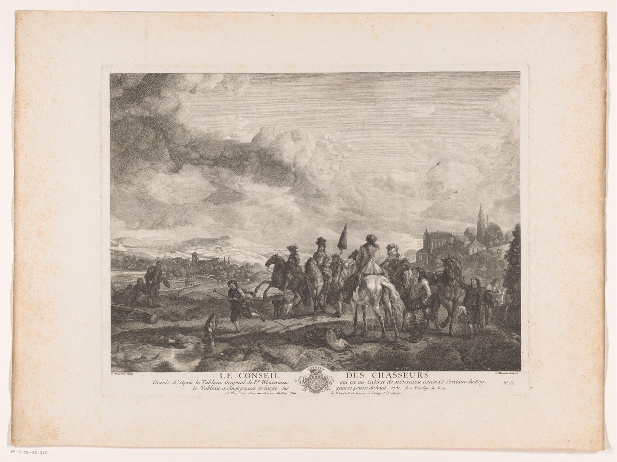 يستريح حفلة الصيد في المناظر الطبيعية Le Conseil des Chasseurs (العنوان على الكائن) يطبع بعد اللوحات بواسطة Philips Wouwerman (عنوان السلسلة) أعمال Ph.pe Wouwermans Hollandois (عنوان السلسلة) بواسطة جان مويرو