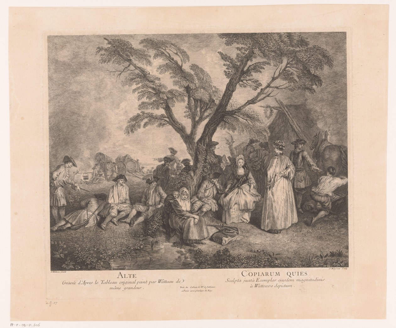 Rustende reizigers bij een halte Alte - Copiarum Quies (العنوان على الكائن) عمل أنطوان واتو (عنوان المسلسل) عمل أنطوان واتو ، رسام الملك في الأكاديمية الملكية للرسم والنحت (...] (عنوان السلسلة) بواسطة جان مويرو