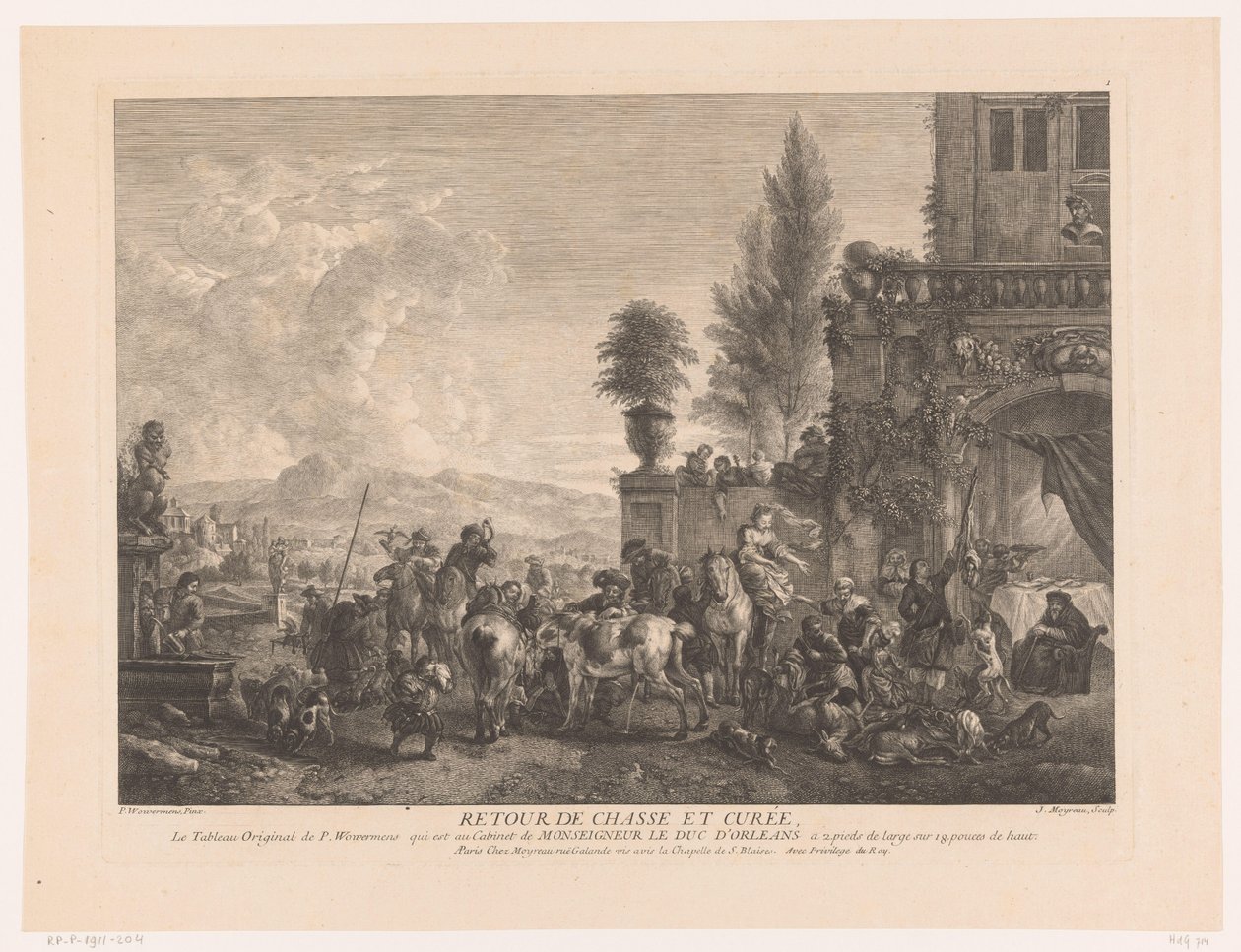 عودة حفلة الصيد Return de chasse et curée (العنوان على الكائن) يطبع بعد اللوحات بواسطة Philips Wouwerman (عنوان السلسلة) أعمال Ph.pe Wouwermans Hollandois (عنوان السلسلة) بواسطة جان مويرو