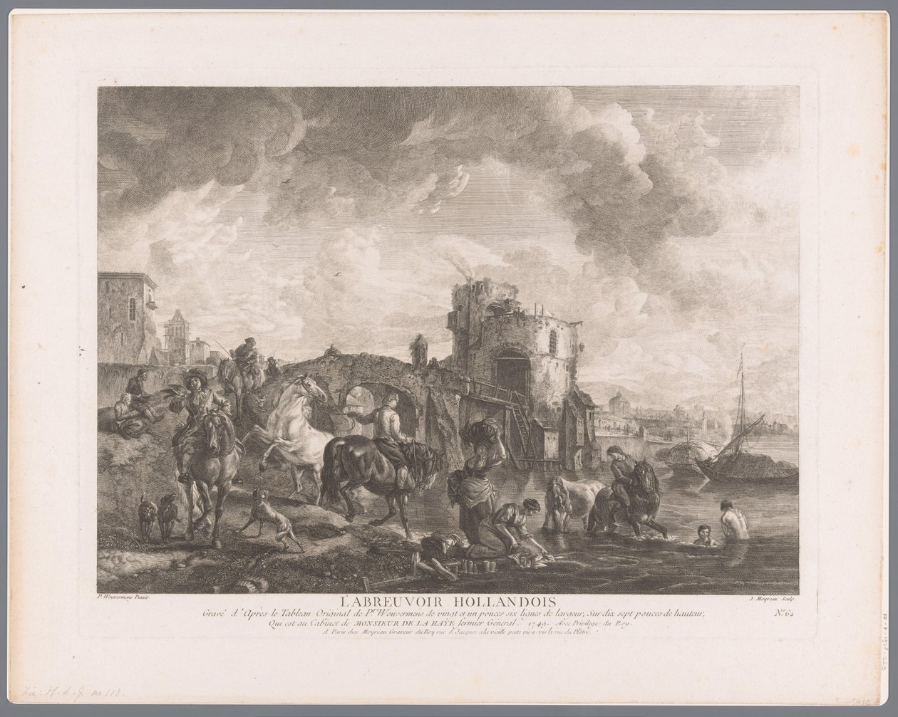 شخصيات وخيول مختلفة بجانب الماء أمام جسر L'Abreuvoir Hollandois (العنوان على الكائن) مطبوعات بعد اللوحات بواسطة Philips Wouwerman (عنوان السلسلة) Oeuvres de Ph.pe Wouwermans Hollandois (عنوان السلسلة) بواسطة جان مويرو
