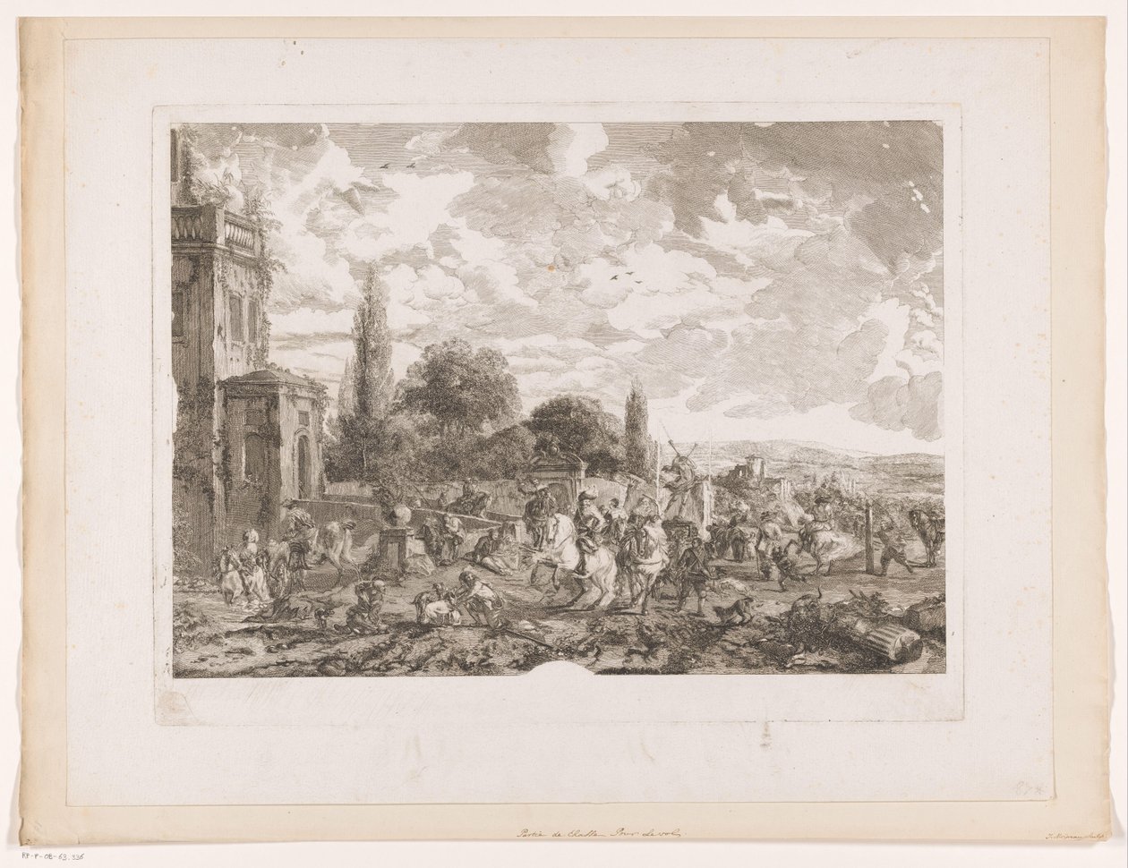 مغادره حفلة صيد امام منزل Partie de Chasse pour le Vol يطبع بعد اللوحات بواسطة Philips Wouwerman (عنوان السلسلة) أعمال Ph.pe Wouwermans Hollandois (عنوان السلسلة) بواسطة جان مويرو