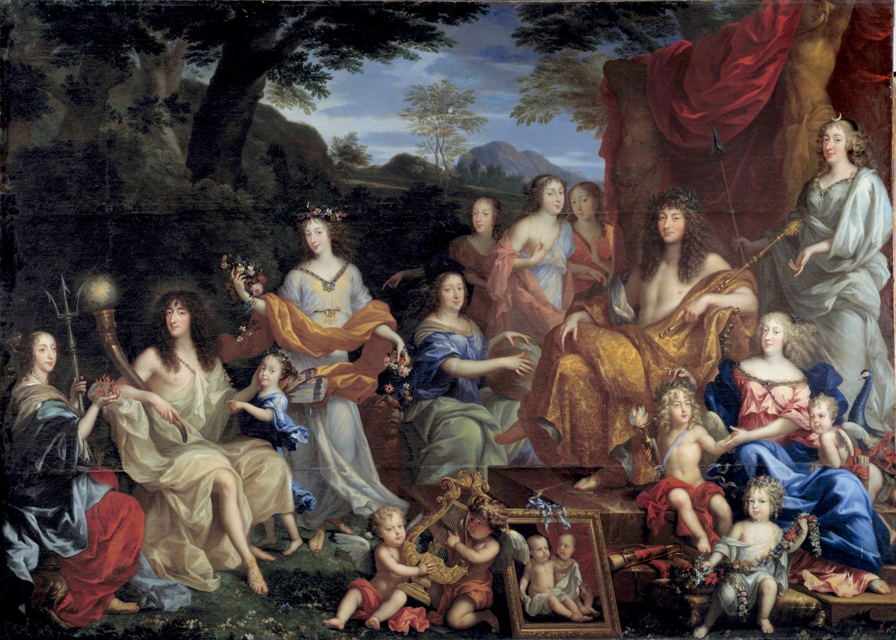 King Louis XIV and his family disguises in mythological figures The king, on the right, sitting on a throne, is dressed in Apollo. At the bottom right, Queen Mary Therese of Austria is dressed in Juno. In the center of the painting, Queen Mother Anne of Au بواسطة جان نوسريت