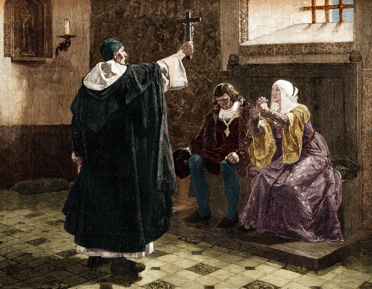 المحقق الإسباني الكبير ، فراي توماس دي توركويمادا (1420-1498) ، من بين الملوك الكاثوليك فرديناند الثاني وإيزابيلا الأولى من قشتالة بواسطة جان بول (بعد) لورينز