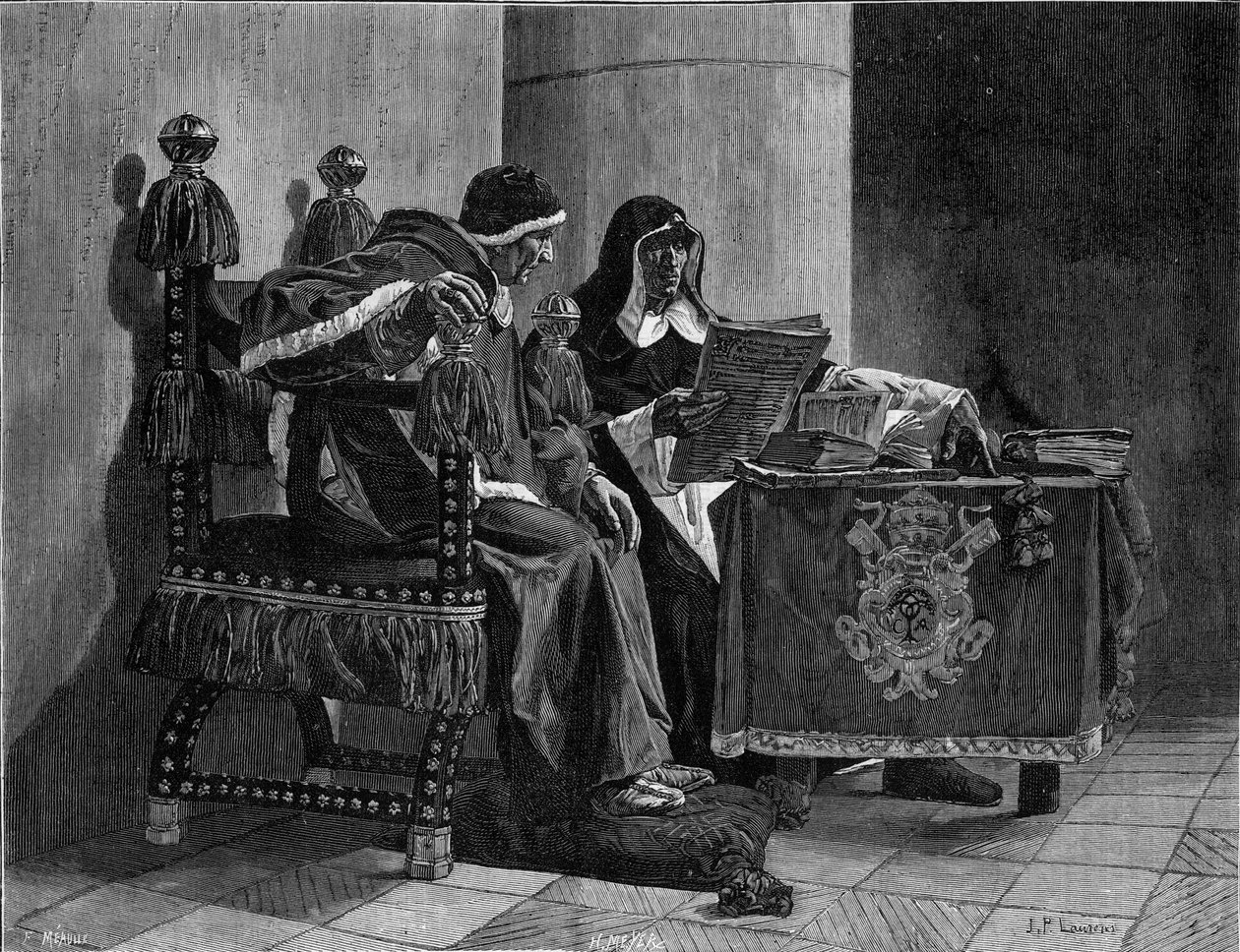 يقول البابا والمحقق أيضًا "Sixte IV (1471-1484) و Tomas de Torquemada (1420-1498)" نقش بعد لوحة جون بول لورينز (1838-1921) بواسطة جان بول لورنس