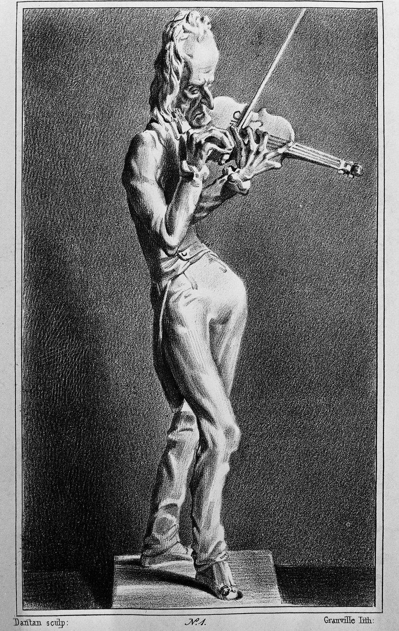 نيكولو باغانيني (1782-1840) ، عازف الكمان والملحن الإيطالي. رسم كاريكاتوري بعد نحت جان بيير دانتان الشاب. بواسطة جان بيير (بعد) دانتان