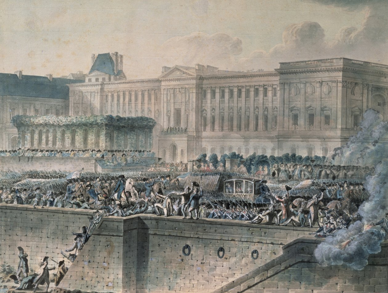 وصول لويس السادس عشر (1754-93) أمام متحف اللوفر ، 17 يوليو 1789 (مرحاض وجواش على الورق) بواسطة جان بيير هويل
