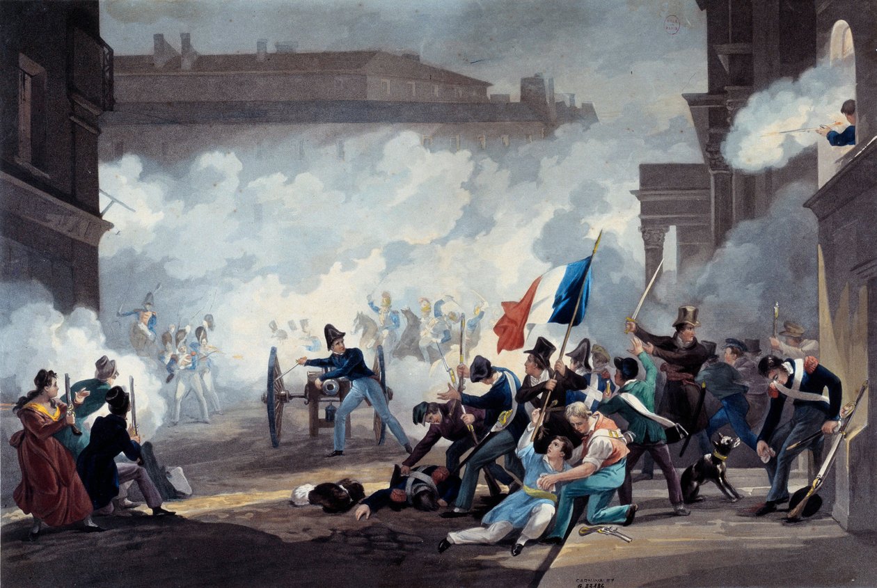 ثورة 1830: استولى طالب من مدرسة البوليتكنيك على قطعة من المدفع أثناء الاستيلاء على القصر الملكي في 28 يوليو بواسطة جان بيير ماري جازيت