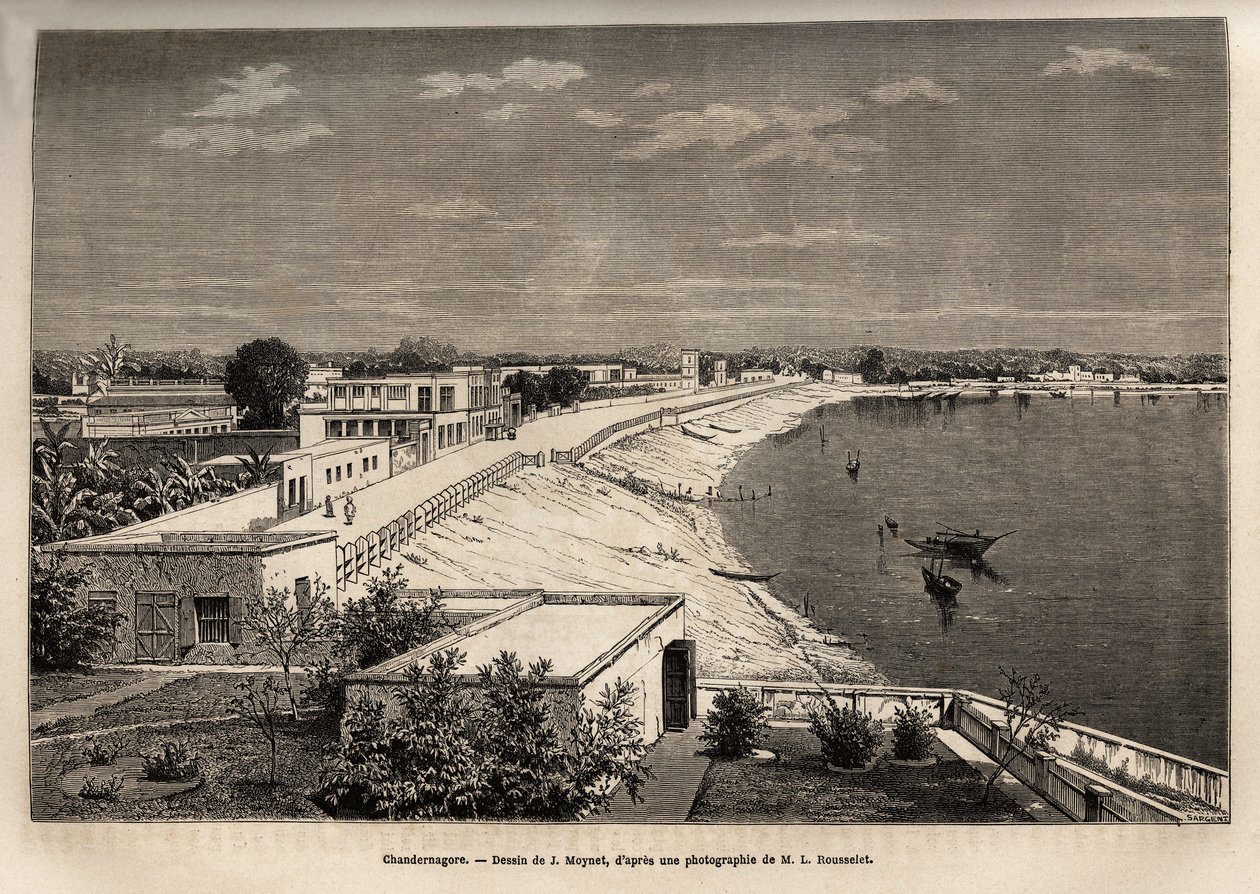 تشاندرناغور (شانداناغار الحالية ، في البنغال الغربية) ، على ضفاف نهر الغانج ، نقش بعد الرسم الذي رسمه جي موينيت ، يوضح رحلة الراجاس في الهند ، في ١٨٦٤-١٨٦٨ ، بواسطة لويس روسيليت ، نُشر في "" Le Tour du monde ”” 1874 ، تم تحريره بواسطة جان بيير موينت