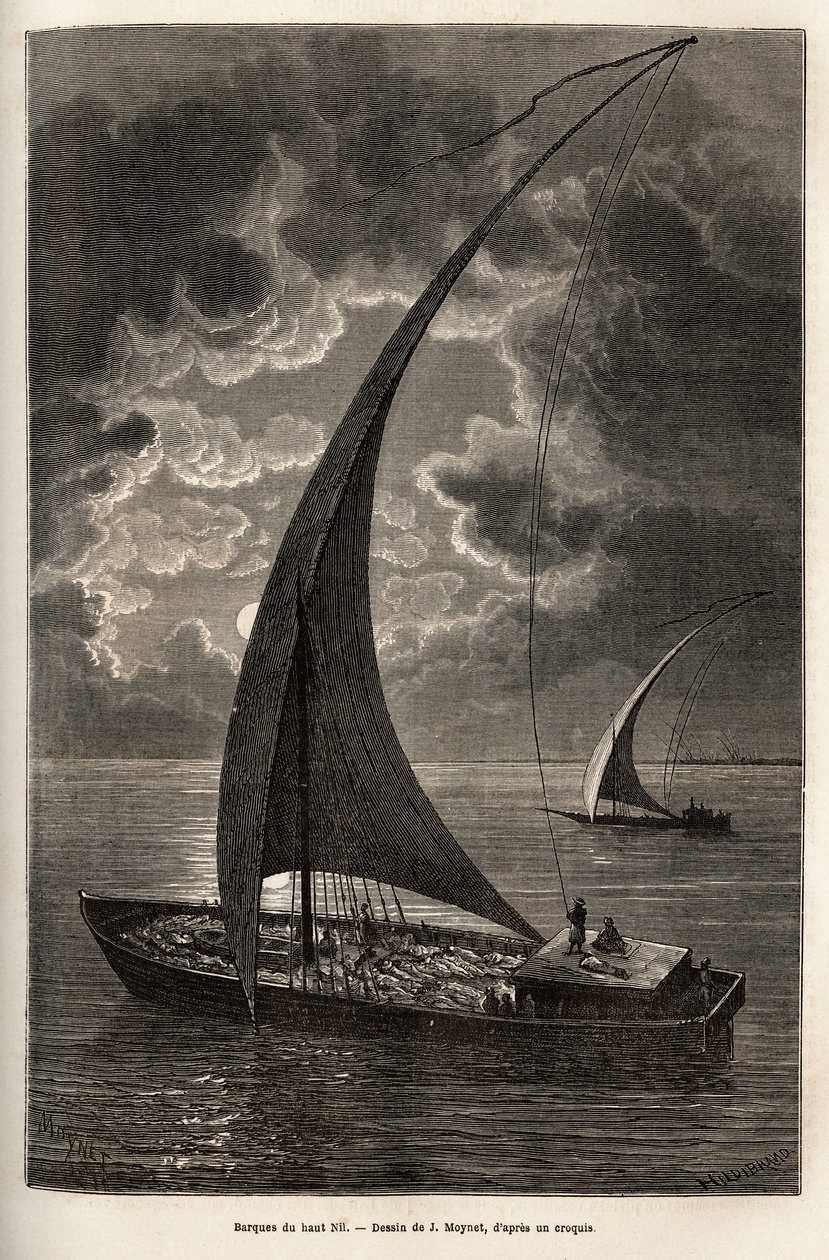 Les Barques du haut Nile ، طاقم مخفض وركاب ينامون على سطح السفينة ، في ضوء القمر ، نقش بعد رسم جي موينيت ، الذي يوضح الرحلة إلى قلب إفريقيا في 1868-1871 ، للدكتور جورج شوينفورث ، نُشر في "" Le Tour du موندي "1874 ، إيدي بواسطة جان بيير موينت