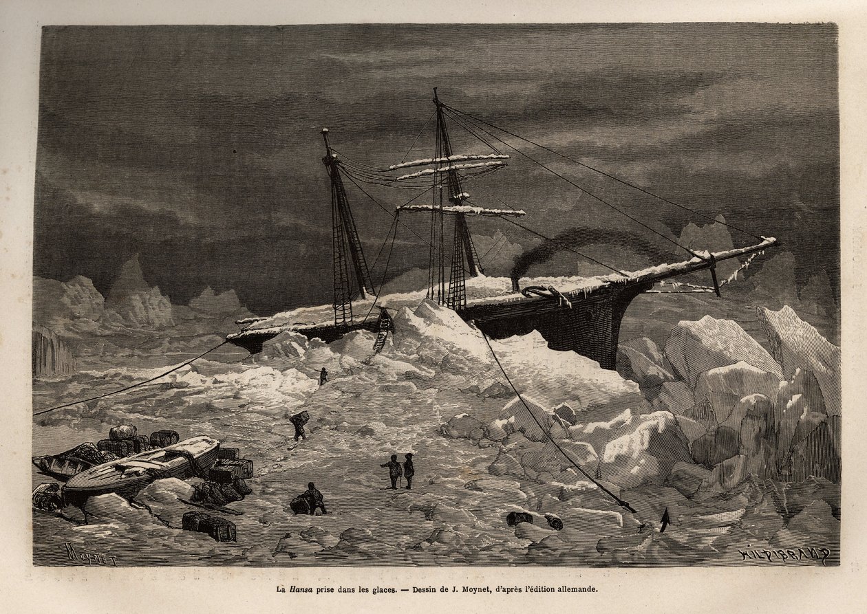 The German ship La Hansa caught in the ice, the crew hasten to unpack the necessary objects and provisions, before abandoning the ship and continuing the expedition on the ice, engraved after the drawing of J.Moynet, illustrating the voyage of the ships La بواسطة جان بيير موينت