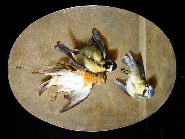 A Trompe l'Oeil of Blue Tits معلق بخيط (زيت على لوح) بواسطة جان بيير كزافييه بيدولد