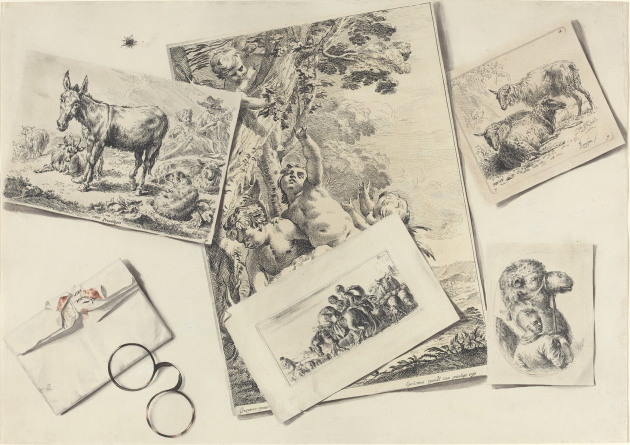 Trompe l'Oeil: مطبوعات قديمة ، مغلف ممزق مع نظارات ذات إطار قرن ، وذبابة منزلية بواسطة جان بيير كزافييه بيدولد بعد فنانون متنوعون