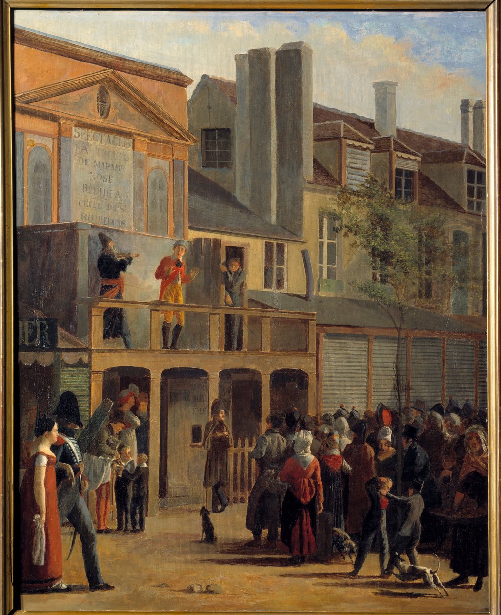 مسرح الشارع: "" موكب Bobeche و Galimafre في شارع Boulevard du Temple أمام مسرح delassements comiques "" رسم جان رولر (1798-1866) 1820 Sun. 1.01x0.83 م باريس ، متحف كارنافالي بواسطة جان رولر