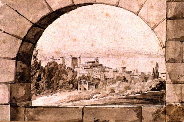 منظر لمدينة وبحيرة براتشيانو ، حوالي عام 1810 (قلم حبر وحبر بني داكن مع طلاء بني داكن على ورق) بواسطة جان توماس تيبولت