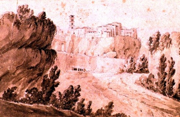 منظر لمدينة براتشيانو ، حوالي عام 1810 (قلم حبر وبني داكن وغسل على ورق) بواسطة جان توماس تيبولت