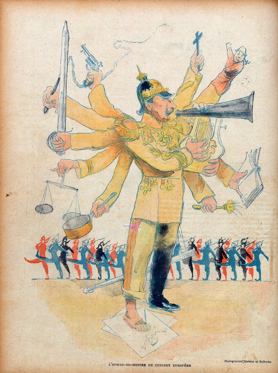 ويليام الثاني (1859-1941) (القيصر فيلهلم الثاني ، الإمبراطور الألماني وملك بروسيا) - أوركسترا الرجل في الحفل الأوروبي - رسم كاريكاتوري في "Le Rire" في 26 نوفمبر 1898 - رسم كاريكاتوري لجان فيبر (1864-1928) - رقم مخصص لوليام الثاني (1859-1941) أ بواسطة جان فيبر